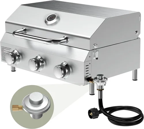 Miniatura 12 de Bestfire - Parrilla de gas propano de mesa, 2 quemadores, 20,000 BTU Parrilla de propano portátil de acero inoxidable con patas para patio al aire