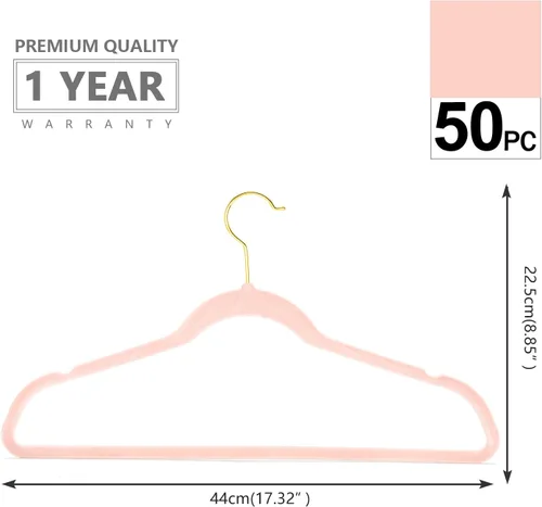 Miniatura 2 de MIZGI Perchas de terciopelo prémium (paquete de 50) resistentes y antideslizantes, perchas de terciopelo rosa rubor - ganchos dorados, perchas