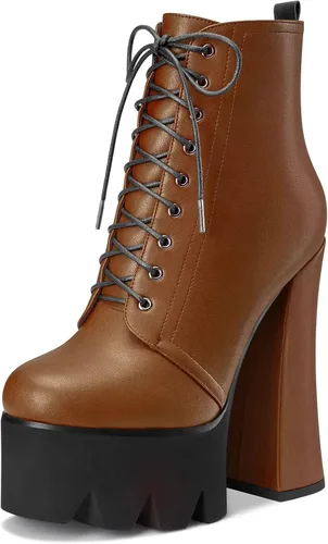 Miniatura 22 de HDEUOLM Botas de tobillo con tacón alto de bloque grueso para mujer, puntera redonda, botines cortos con cordones y cremallera, zapatos clásicos