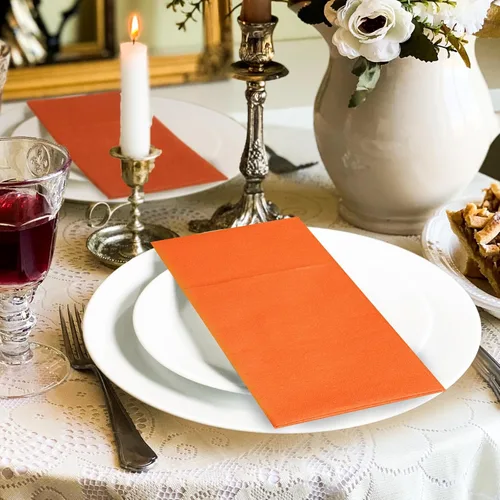 Miniatura 4 de KAMMAK Servilletas Desechables Paquete de 100 Servilletas de Papel Tipo Tela Naranja para Cena con Bolsillo Plegado Servilletas de Boda Toallas