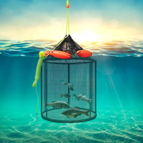 Miniatura 5 de Leyndo 2 redes de pesca flotantes plegables grandes – Red flotante plegable para pesca – Soporte portátil para peces – Jaula de almacenamiento