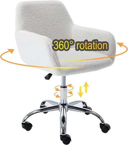 Miniatura 4 de Silla de escritorio giratoria peluda, silla de oficina tapizada de tela de peluche blanca, silla de tocador con ruedas ajustable en altura