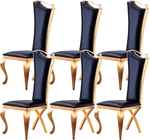Miniatura 13 de Juego de 6 sillas de comedor modernas tapizadas de cuero con patas de acero inoxidable doradas, sillas de cocina contemporáneas sin brazos con Cuero