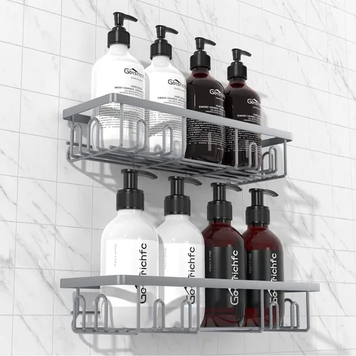 Miniatura 10 de Getsrichfc Organizador adhesivo para ducha, estantes de ducha con 16 ganchos, estante a prueba de óxido de esquina de pared para baño interior, sin