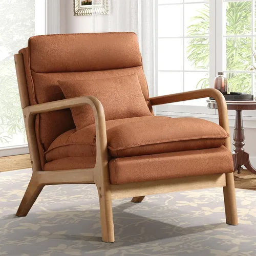 IOMOR Silla de Acento Moderna de Mediados de Siglo, Sillón Tapizado con Almohada de Respaldo Mullido, Cómoda Silla de Lectura con Marco de Madera