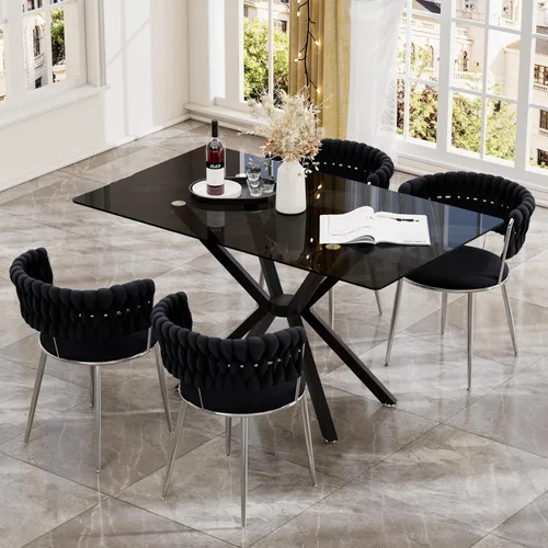 Miniatura 3 de Juego de mesa de comedor de cristal negro de 47 pulgadas para 4, juego de mesa de cocina minimalista moderno y 4 sillas de comedor de terciopelo
