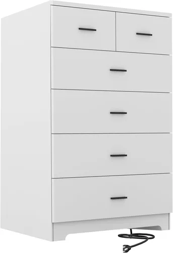 FJTJBSI Cómoda con Tomas de Corriente de Madera de 6 Cajones con Organizador Grande Blanco Organizador de Almacenamiento Alto con Riel de Metal Liso