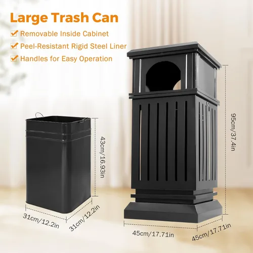 Miniatura 3 de BEAMNOVA Cubo de basura negro para exteriores, bandeja superior de acero inoxidable con tapa de bloqueo, contenedor de basura industrial resistente