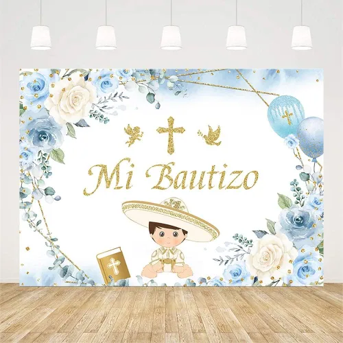 Miniatura 2 de AIBIIN Telón de fondo Mi Bautizo de 7 x 5 pies, suministros de decoración de fiesta de bautizo, globo floral azul, cruz dorada, ángel de fotografía
