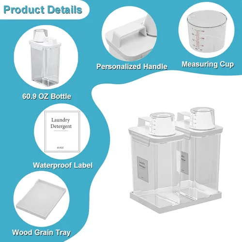 Miniatura 5 de Dispensador de Detergente para Ropa de 61 OZ, Paquete de 2 Dispensadores de Detergente Líquido, Dispensadores de Detergente de Plástico para Polvo