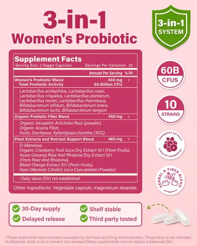 Miniatura 5 de Probióticos y prebióticos para mujeres, equilibrio del pH y salud digestiva, 60 mil millones de probióticos vaginales con arándano y D-manosa