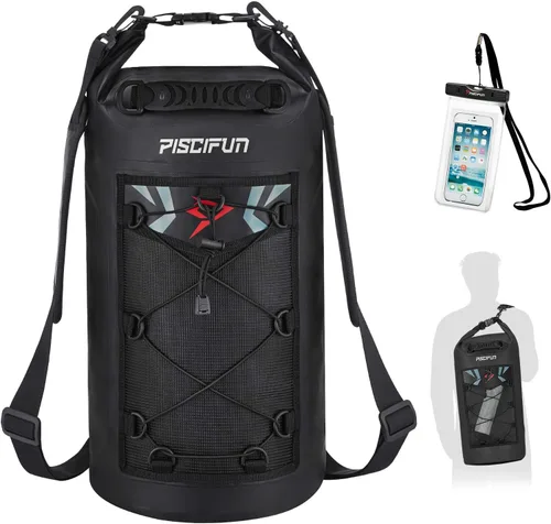 Miniatura 18 de Piscifun Bolsa seca, mochila flotante impermeable 10L/20L/30L/40L con funda impermeable para teléfono para navegación, kayak, pesca Negro