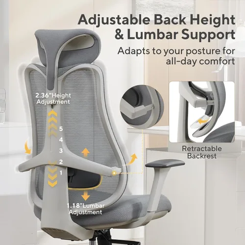 Miniatura 4 de Nouhaus Fluido - Silla de oficina ergonómica, silla de computadora de malla con respaldo alto y soporte lumbar ajustable en altura, respaldo y Gris