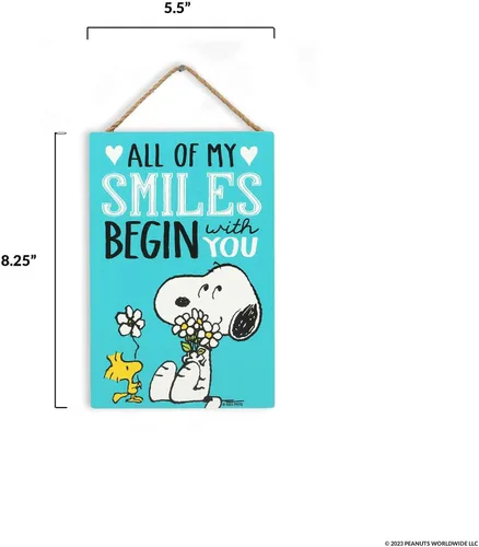 Miniatura 6 de Peanuts Snoopy All My Smiles Begin With You - Decoración de pared de madera para colgar – Lindo cartel de Snoopy – Gran idea de regalo Blanco/Aqua