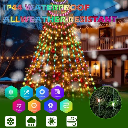 Miniatura 5 de Guirnalda de luces para árbol de Navidad, 200 LED, 6.6 pies x 10 líneas, luces de cascada con control remoto y aplicación, sincronización de música