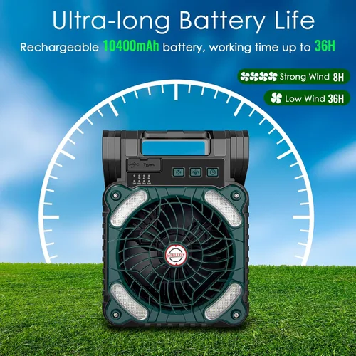 Miniatura 2 de Sendowtek Ventilador de batería portátil para acampar con panel solar, ventilador recargable de 10400 mAh con temporizador, luz LED, pequeños