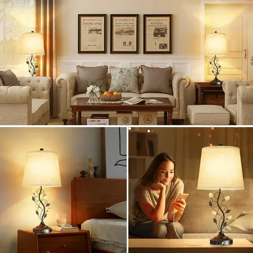 Miniatura 7 de Sheetea Juego de 2 lámparas de mesa estilo granja de 24.5 pulgadas, lámparas rústicas para dormitorio con 2 puertos de carga USB, pantalla de tela