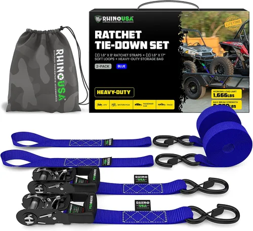 Miniatura 8 de Kit de correas de trinquete de Rhino USA, con resistencia a la rotura de 5,208 lbs - Incluye amarres de trinquete resistentes con asas acolchadas