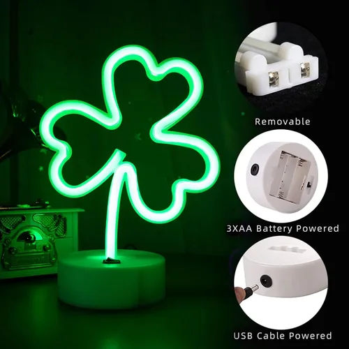 Miniatura 7 de ENUOLI Luces de Letreros LED de Neón con Forma de Trébol Verde, Luz Nocturna de Neón Alimentada por USB y Batería, Lámpara Nocturna, Mejores Luces