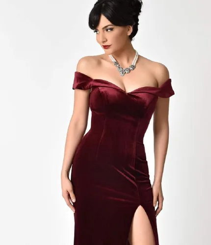 Miniatura 2 de RYANTH Vestido de fiesta de terciopelo de sirena para mujer, con hombros descubiertos, vestido de noche con abertura, vestido de cóctel RPM111