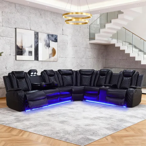 Miniatura 20 de Juego de sofá modular reclinable eléctrico para sala de estar, juego de sofá reclinable de cuero con luces LED / almacenamiento oculto, sofá