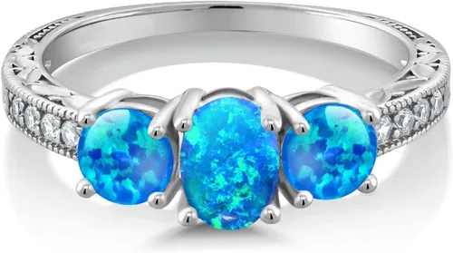 Miniatura 66 de Gem Stone King Anillo de compromiso de 3 piedras preciosas de oro blanco de 10 quilates con piedra natal y diamantes cultivados en laboratorio