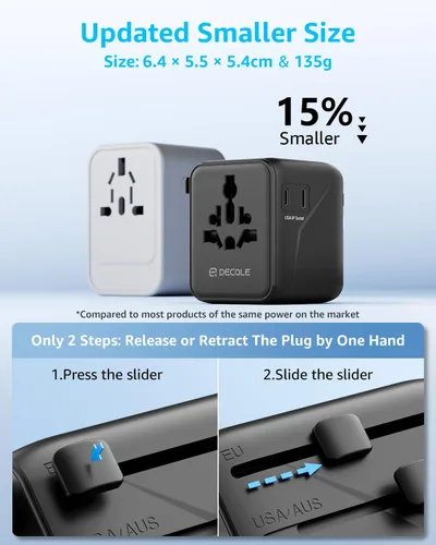 Miniatura 5 de Adaptador de viaje universal, adaptador de enchufe de viaje internacional con 2 puertos USB-C y 2 puertos USB-A, con toma de corriente AC adicional