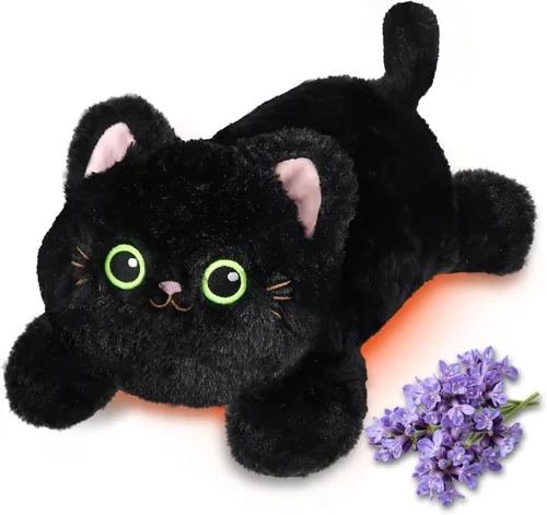 Almohadilla térmica para microondas para calambres menstruales, felpa de gato negro calentable para calmar y relajarse con aroma a lavanda, animales