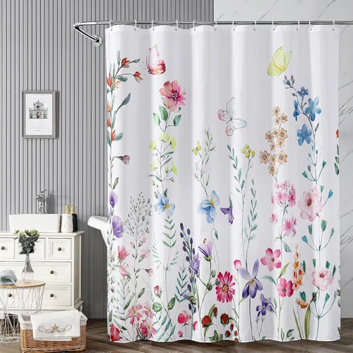 Miniatura 2 de Juego de 4 cortinas de ducha con alfombras antideslizantes, cubierta para tapa de inodoro y tapete de baño, cortinas de ducha de tela floral de 72 x