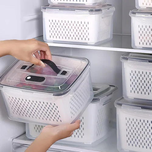 Miniatura 4 de Paquete de 4 recipientes grandes de almacenamiento de frutas para refrigerador con orificios de ventilación y asa, recipientes herméticos