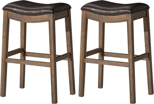 Miniatura 14 de Maven Lane Adrien Taburete de bar sin espalda, asiento de silla de montar de 31 pulgadas con reposapiés, marco de madera maciza gris y tapicería