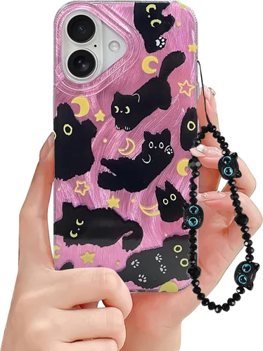 Miniatura 18 de Funda de teléfono para iPhone 11 con patrón de gato lindo, estética, genial y femenina con correa de encantos de teléfono y cadena, funda protectora
