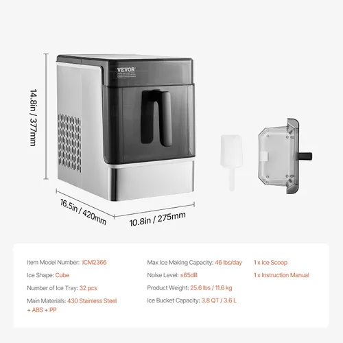 Miniatura 7 de VEVOR Máquina de hielo para encimera, 32 cubos listos en 15 minutos, 46 libras en 24 horas, máquina de hielo portátil autolimpiante con conveniente