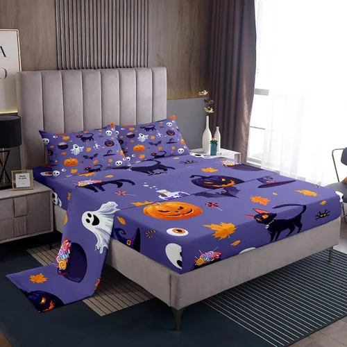 Miniatura 10 de Erosebridal Juego de sábanas de Halloween con diseño de fantasmas de dibujos animados, decoraciones de calabaza de Halloween, juego de sábanas