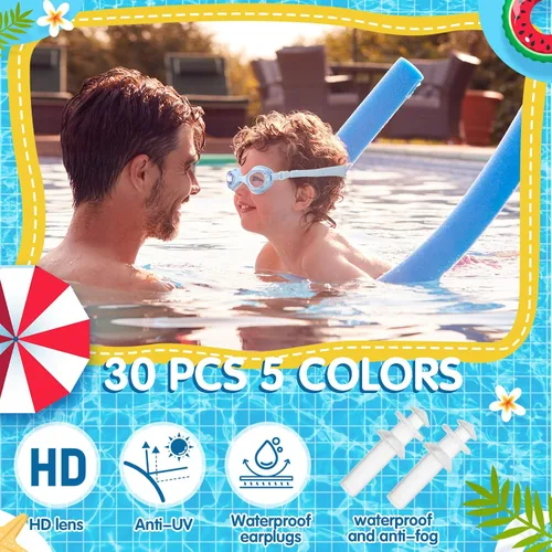 Miniatura 7 de Macarrie Paquete de 40 gafas de natación para niños a granel sin fugas con tapones para los oídos, gafas de natación ajustables de silicona