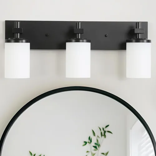 LOUSACE Luces de tocador de baño de 3 luces, color negro mate, accesorios de iluminación sobre espejo con pantallas de vidrio blanco ópalo,