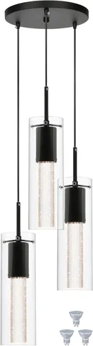 XiNBEi Lighting Lámpara Colgante, Lámpara Colgante Moderna de Isla de Cocina de 3 Luces en Racimo con Bombilla LED y Cristal Burbuja, Acabado Negro