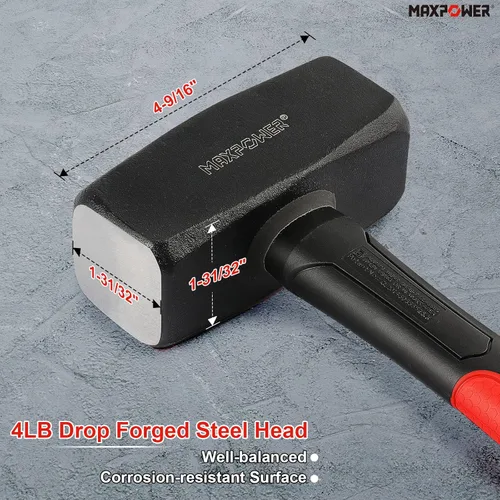 Miniatura 2 de MAXPOWER Martillo de Club de 4 libras, Mini Martillo de Trineo con Mango de Fibra de Vidrio de 9 pulgadas, Cabeza de Acero Forjado por Caída