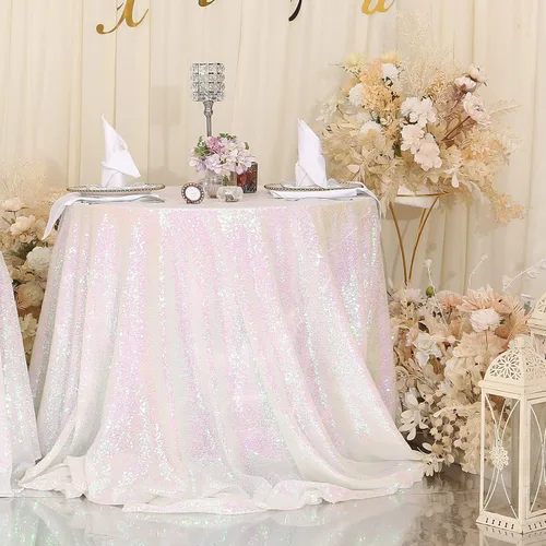 Miniatura 48 de Eternal Beauty Mantel de lentejuelas doradas de 120 pulgadas, mantel redondo brillante con purpurina para decoración de bodas, fiestas de cumpleaños