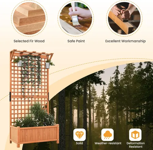 Miniatura 7 de Giantex Cama de jardín elevada con enrejado, contenedor de madera de 60 pulgadas con agujeros de drenaje, enrejado alto para colgar macetas