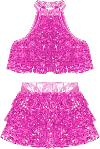 Miniatura 10 de JEATHA Top corto con borlas y lentejuelas brillantes para niñas, con minifalda, jazz latino, salsa, samba, rumba, baile