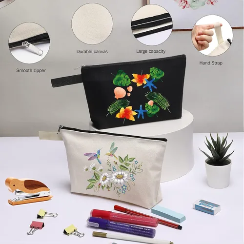 Miniatura 5 de 10 bolsas de maquillaje de lona de algodón con parte inferior y correa, bolsa de cosméticos multiusos con cremallera, bolsa de aseo de viaje, bolsa