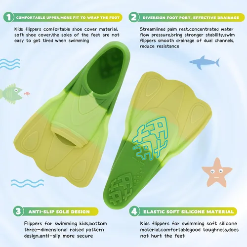 Miniatura 2 de Aletas de entrenamiento de natación para niños, cómodas aletas cortas de silicona para aletas de natación, tamaño de viaje para niños con bolsa