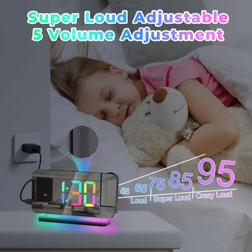 Miniatura 7 de Reloj despertador de proyección, relojes digitales LED RGB de 18.8 cm de pantalla grande, con proyector giratorio de 180°, luz nocturna, puerto
