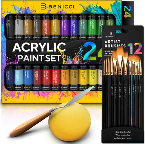 Miniatura 5 de Juego completo de pintura acrílica, 24 colores ricos en pigmentos, 12 pinceles de arte con cuchillo de pintura y esponja adicionales, para pintar