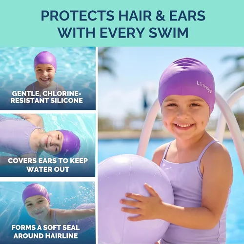 Miniatura 2 de Limmys Gorro de natación de silicona para niños, suave, elástico, antideslizante, para niños y niñas, cómodo ajuste sin tirones, sello seguro