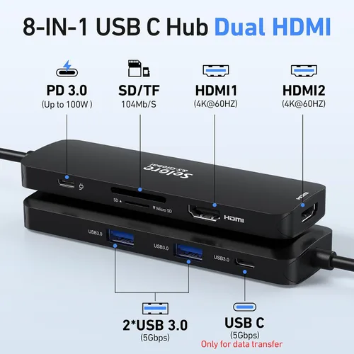 Miniatura 2 de Estación de acoplamiento USB C Monitor HDMI dual, adaptador USB C a HDMI dual con 2 puertos HDMI, carga PD, SD/TF, puertos USB A y C 3.0, estación