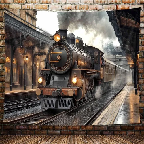 Miniatura 21 de Tapiz de Tren de Vapor, Tapices de Paisaje Otoñal de Tren de Motor Antiguo Decoración para Niños, Tapices de Arte de Acuarela de Bosque de Montaña