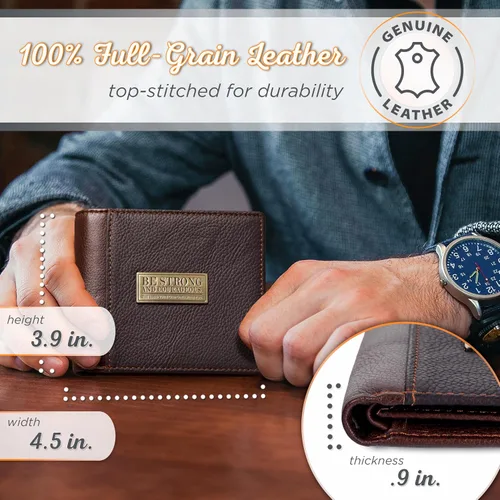 Miniatura 3 de Christian Art Gifts Cartera de cuero genuino para hombre Fuerte y valiente con incrustaciones de latón " Deuteronomio 316 versículo de la Biblia