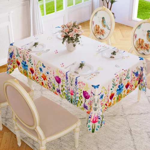 Miniatura 2 de Softalker Mantel rectangular de primavera – Mantel decorativo impermeable con patrón floral de Pascua, resistente a las manchas, sin arrugas